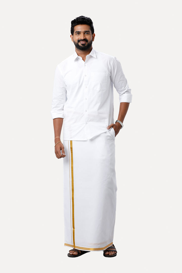 Yonex - White Jari Double Layered Dhoti With Jari Borders For Men | Uathayam