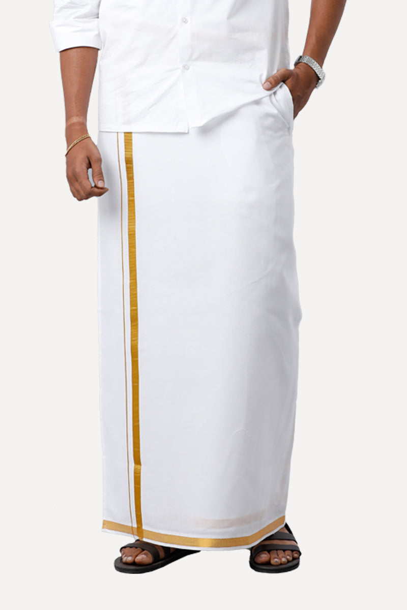 Yonex - White Jari Double Layered Dhoti With Jari Borders For Men | Uathayam