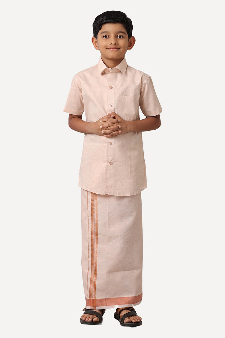 Vaibhav - Copper Orange Tissue Shirt and Dhoti 2 in 1 Set For Kids | Uathayam