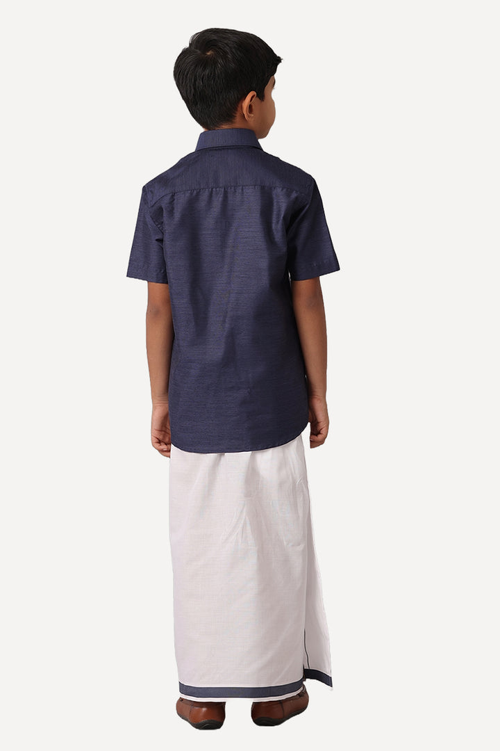 Divine - Navy Matching Fixit Dhoti and Shirt 2 in 1 Set For Kids | Uathayam