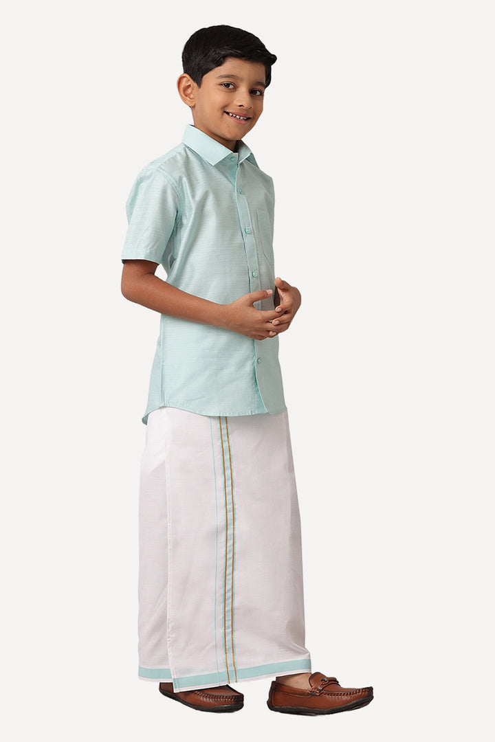 Divine - Sky Blue Matching Fixit Dhoti and Shirt 2 in 1 Set For Kids | Uathayam