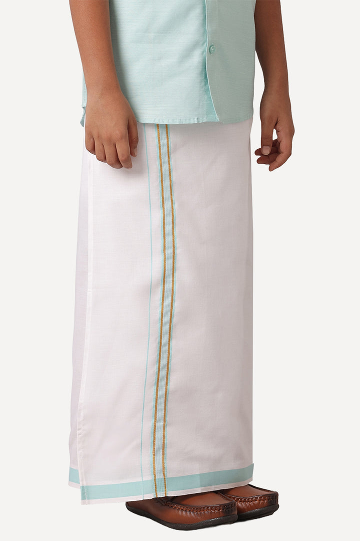 Divine - Sky Blue Matching Fixit Dhoti and Shirt 2 in 1 Set For Kids | Uathayam