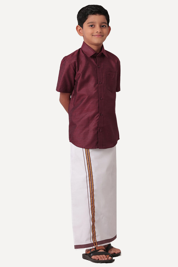 Divine - Maroon Matching Fixit Dhoti and Shirt 2 in 1 Set For Kids | Uathayam