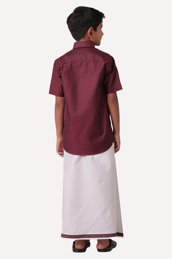 Divine - Maroon Matching Fixit Dhoti and Shirt 2 in 1 Set For Kids | Uathayam
