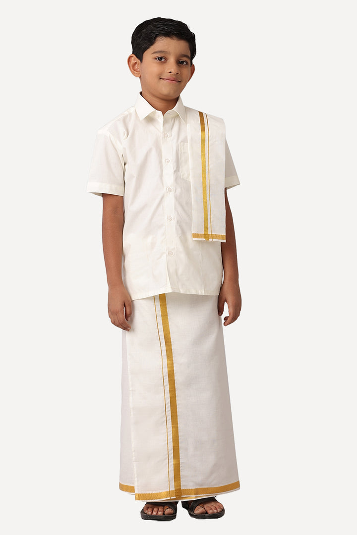 Junior Star -  Premium Cream Shirt and Jari Dhoti Combo Set For Kids | Uathayam