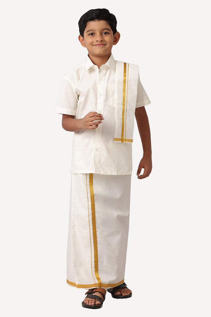 Junior Star -  Premium Cream Shirt and Jari Dhoti Combo Set For Kids | Uathayam