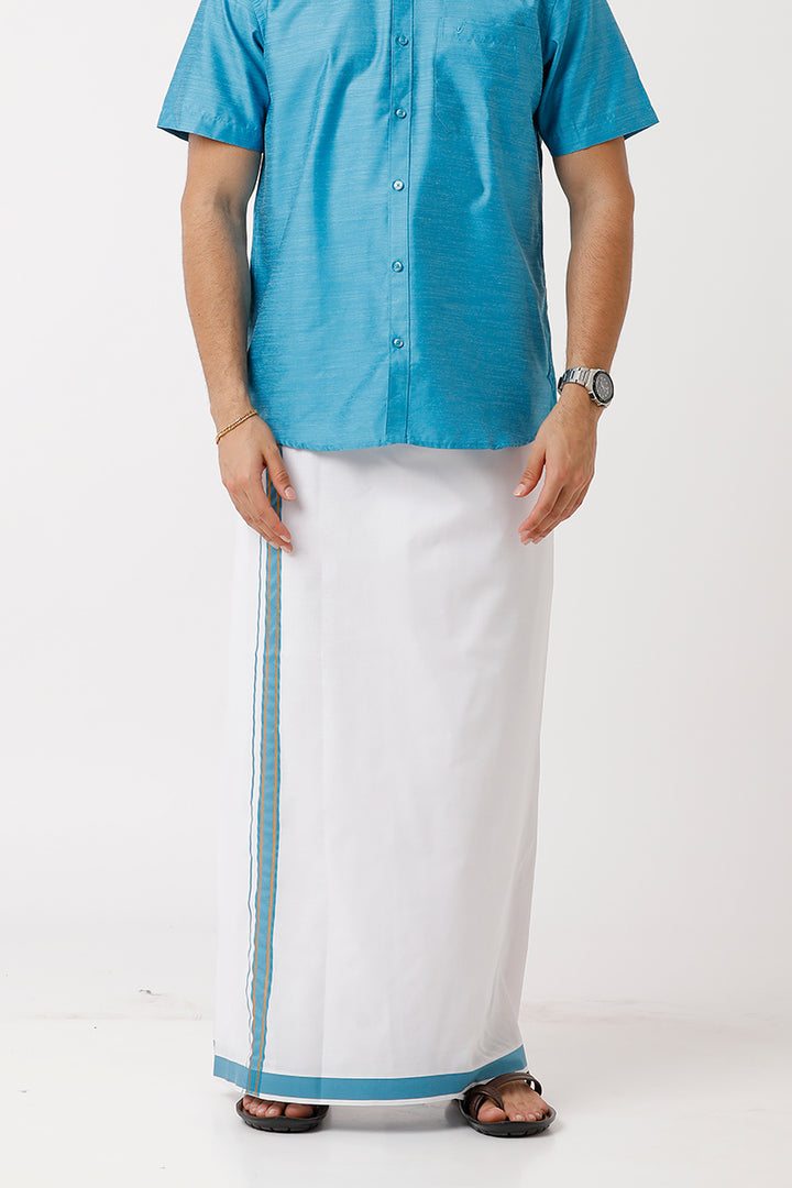 Divine - Sky Blue Cotton Blend Single Layered Dhoti With Fancy Borders For Men | Uathayam