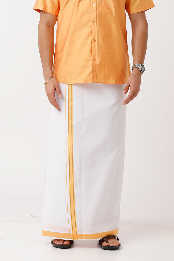 Divine - Golden Yellow Cotton Blend Single Layered Dhoti With Fancy Borders For Men | Uathayam