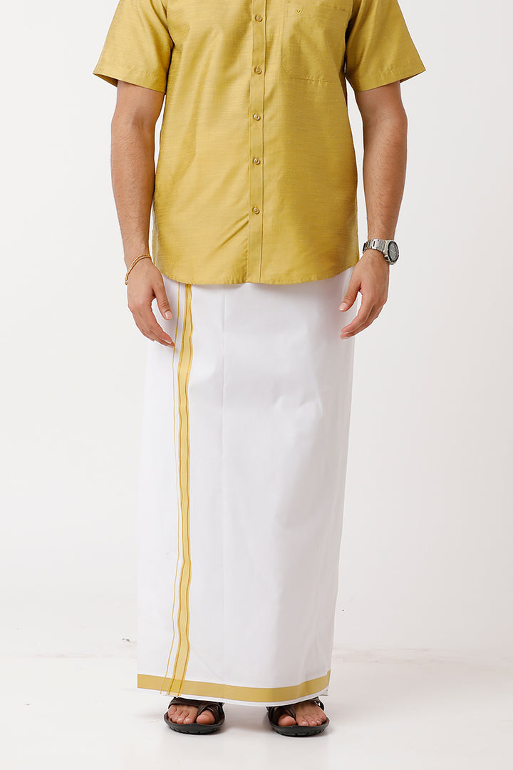Divine - Yellow Cotton Blend Single Layered Dhoti With Fancy Borders For Men | Uathayam
