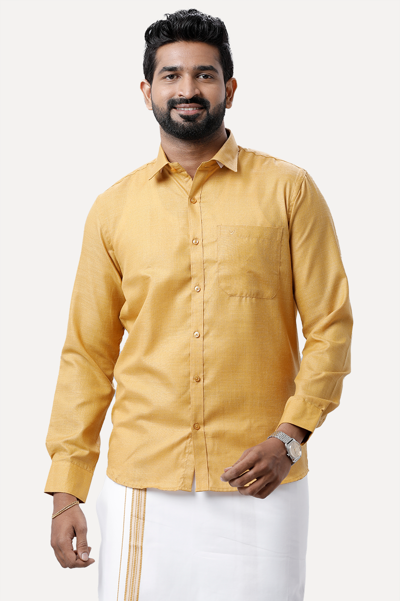 UATHAYAM Xpress Mustard Yellow Cotton Rich Full Sleeve Solid Smart Fit Shirt & Dhoti Set For Men Pack Of 1