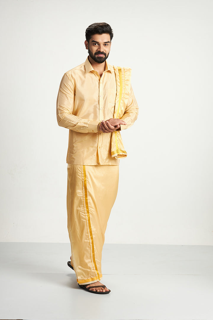 Vriksham - Biscuit Shirt and Matching Double Layered Dhoti With Towel 3 in 1 Wedding Set For Mens | Uathayam