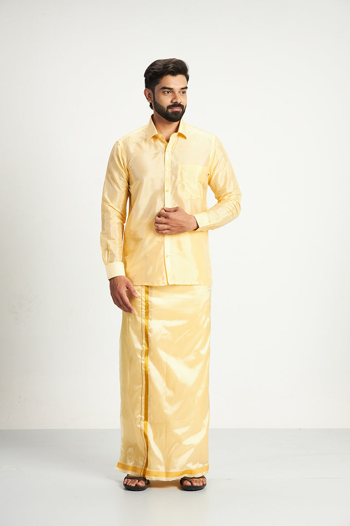 Vriksham - Mango Yellow Shirt and Matching Double Layered Dhoti With Towel 3 in 1 Wedding Set For Mens | Uathayam
