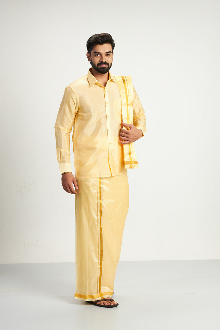 Vriksham - Mango Yellow Shirt and Matching Double Layered Dhoti With Towel 3 in 1 Wedding Set For Mens | Uathayam