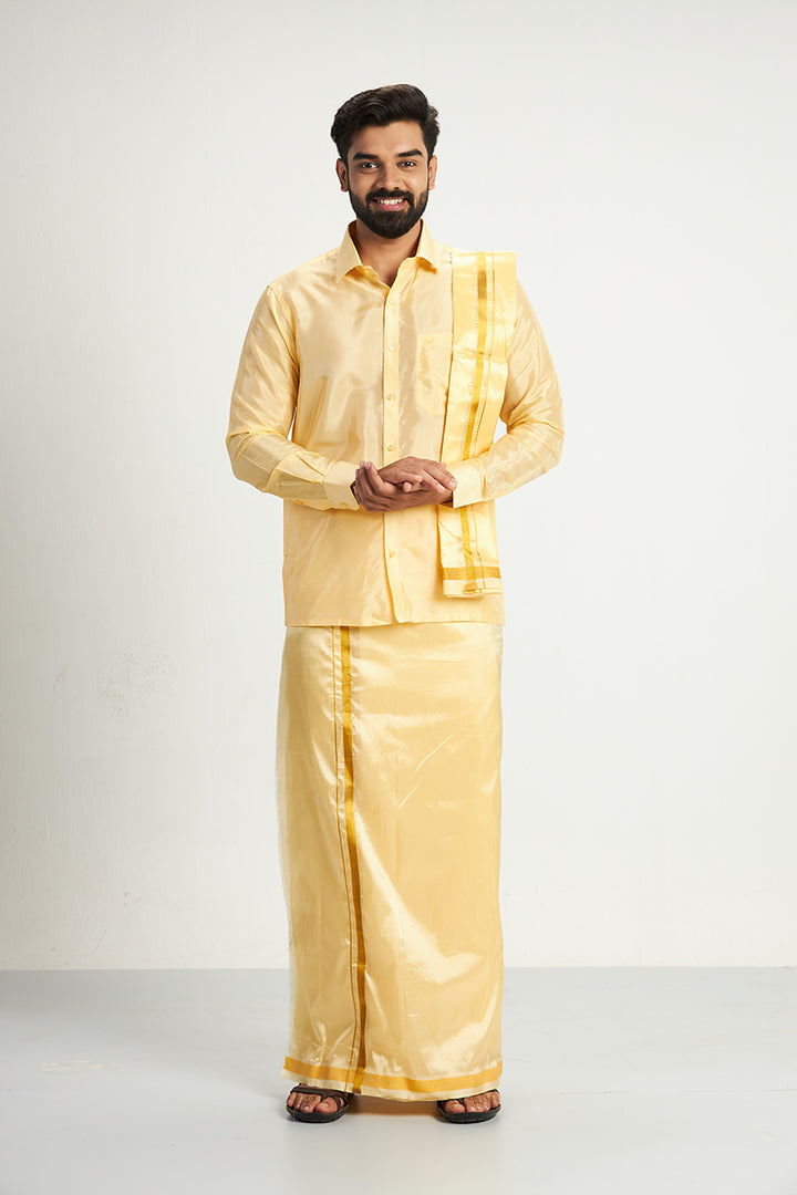 Vriksham - Mango Yellow Shirt and Matching Double Layered Dhoti With Towel 3 in 1 Wedding Set For Mens | Uathayam
