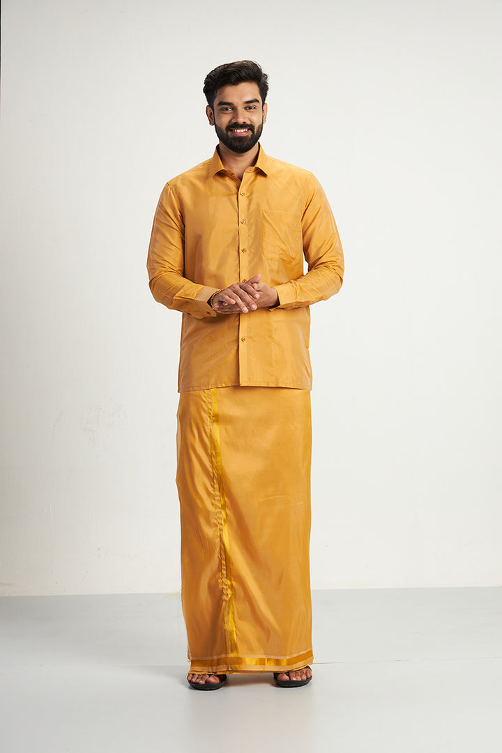 Vriksham - Gold Shirt and Matching Double Layered Dhoti With Towel 3 in 1 Wedding Set For Mens | Uathayam