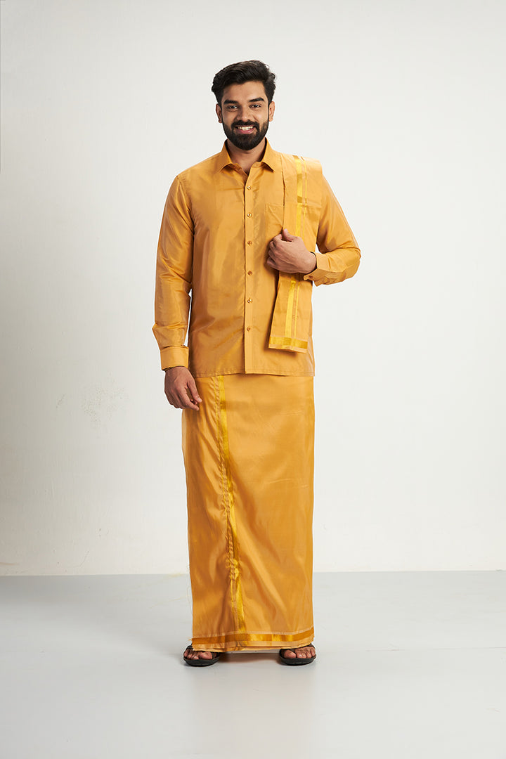 Vriksham - Gold Shirt and Matching Double Layered Dhoti With Towel 3 in 1 Wedding Set For Mens | Uathayam