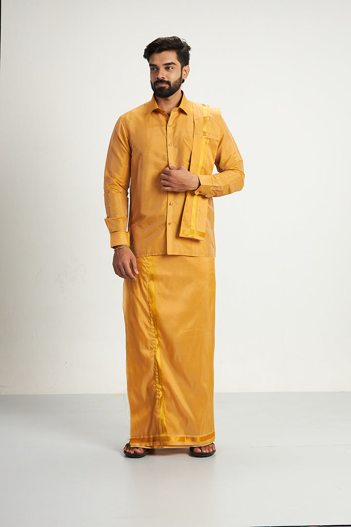 Vriksham - Gold Shirt and Matching Double Layered Dhoti With Towel 3 in 1 Wedding Set For Mens | Uathayam