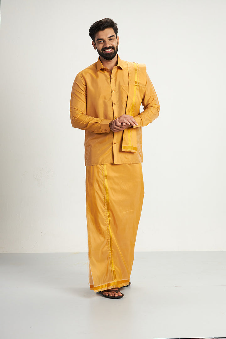 Vriksham - Gold Shirt and Matching Double Layered Dhoti With Towel 3 in 1 Wedding Set For Mens | Uathayam