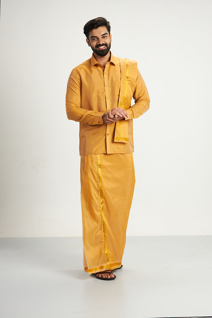 VRIKSHAM Gold Color Silk Shirt & Matching Dhoti 3 in 1 Set Full Sleeve For Men- 15801