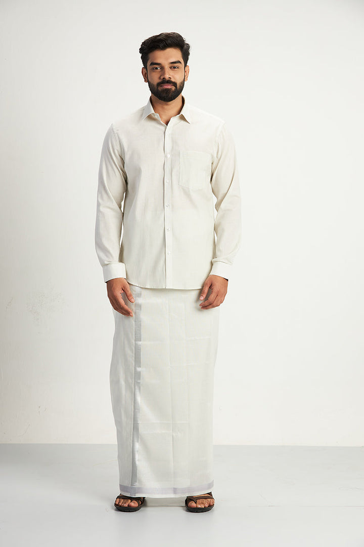 Vaibhav - Silver Shirt and Jari Single Dhoti Tissue Set 2 In 1 For Men | Uathayam