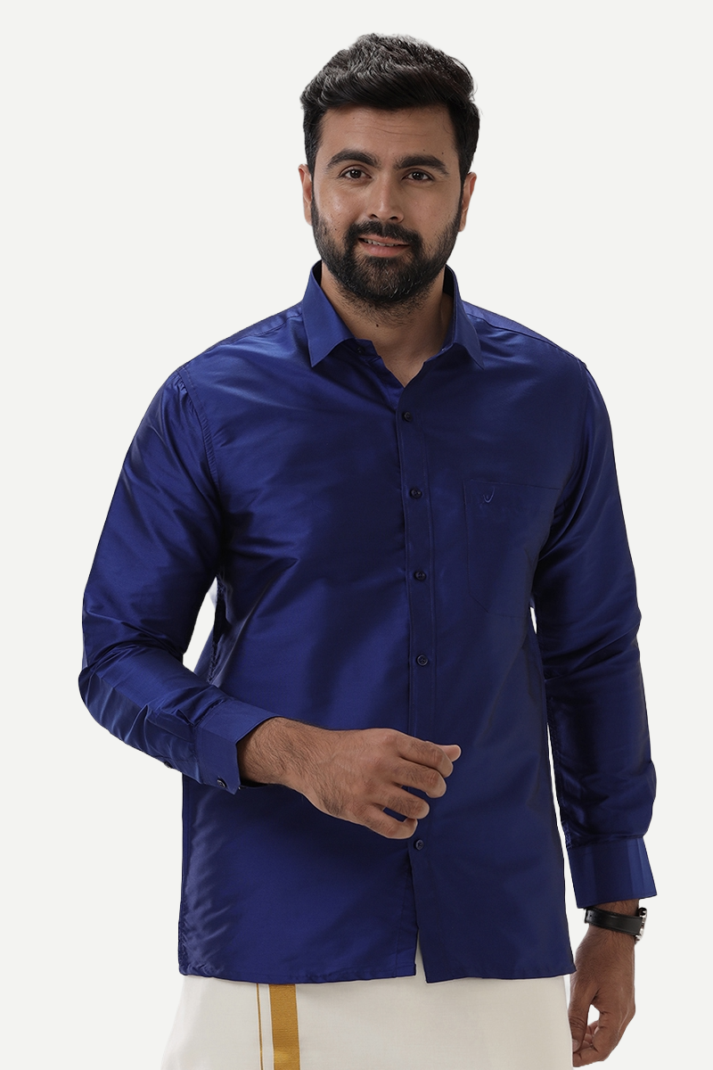 Silk Feel Ink Blue Silk Shirts For Mens Uathayam