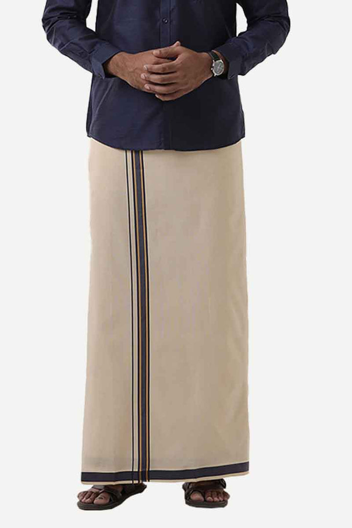 Ever Shine - Navy Single Layered Gold Jari Fancy Borders Dhoti For Men | Uathayam