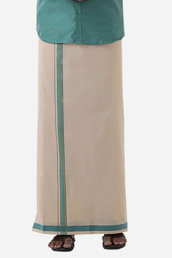 Ever Shine - Peacock Green Single Layered Gold Jari Fancy Borders Dhoti For Men | Uathayam