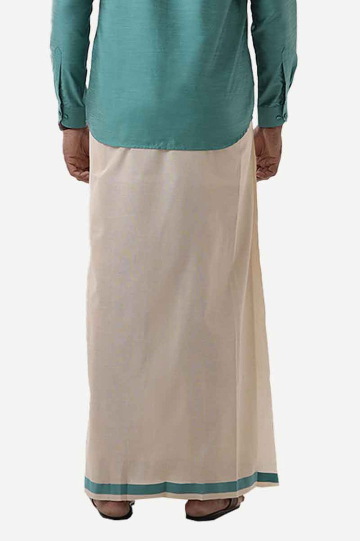 Ever Shine - Peacock Green Single Layered Gold Jari Fancy Borders Dhoti For Men | Uathayam