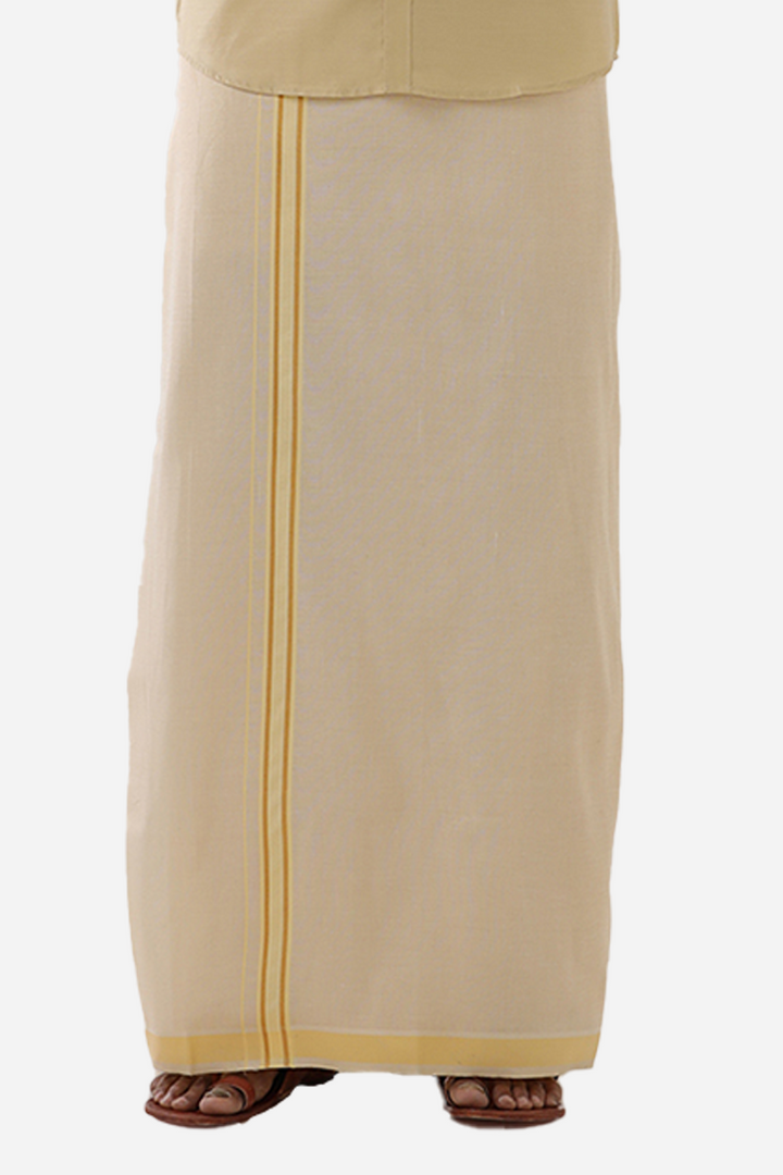 Ever Shine - Light Beige Single Layered Gold Jari Fancy Borders Dhoti For Men | Uathayam