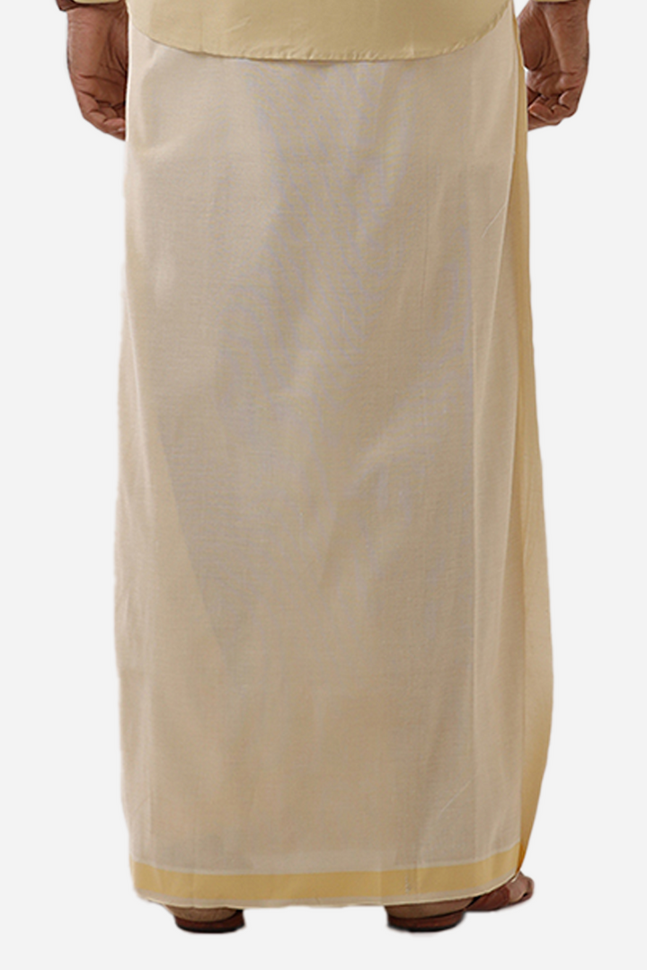 Ever Shine - Light Beige Single Layered Gold Jari Fancy Borders Dhoti For Men | Uathayam