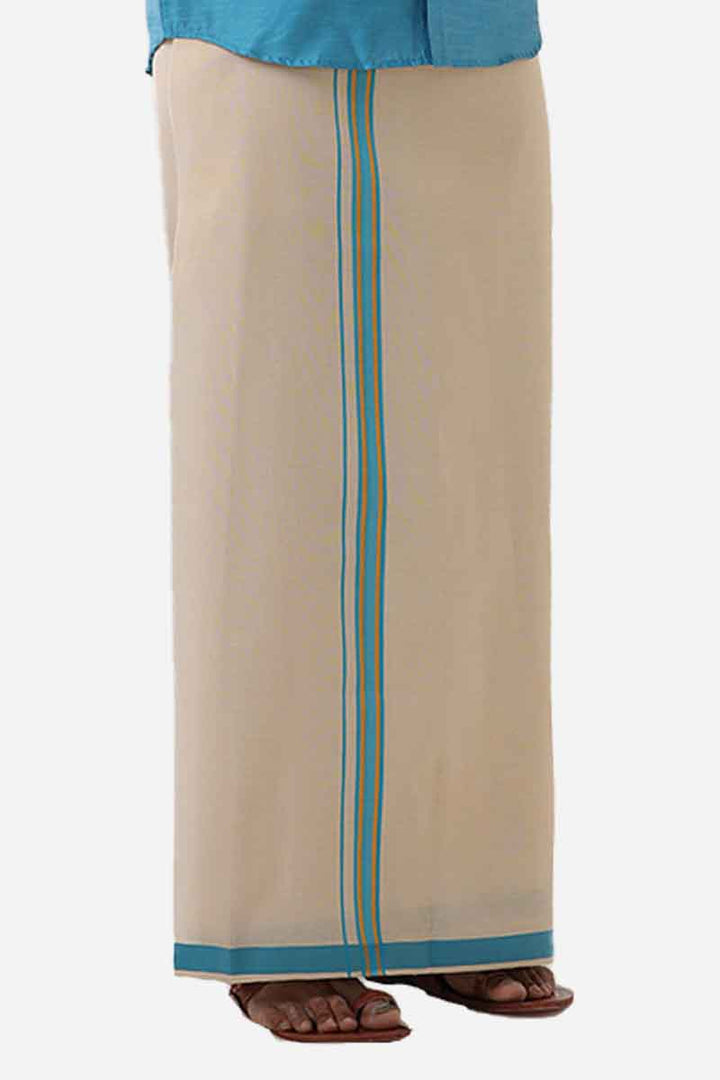 Ever Shine - Teal Blue Single Layered Gold Jari Fancy Borders Dhoti For Men | Uathayam