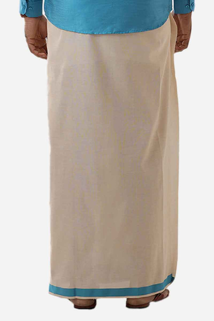Ever Shine - Teal Blue Single Layered Gold Jari Fancy Borders Dhoti For Men | Uathayam