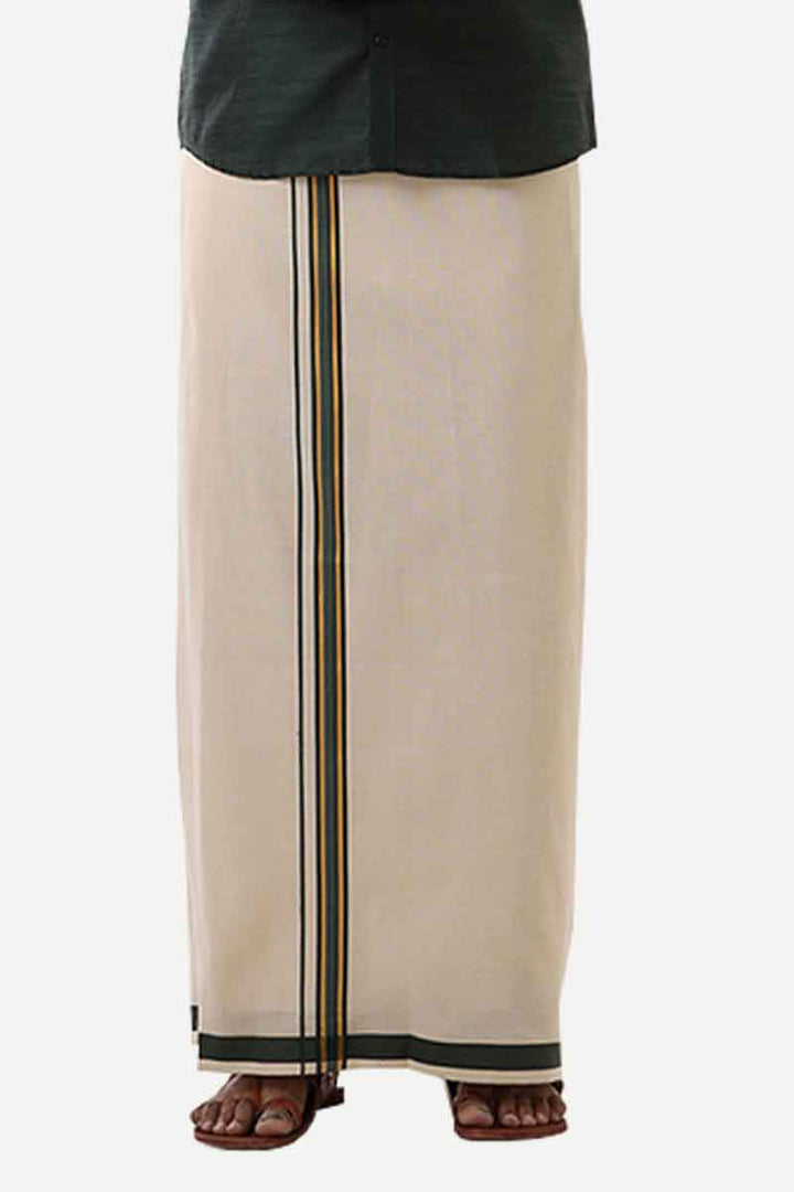 Ever Shine - Dark Green Single Layered Gold Jari Fancy Borders Dhoti For Men | Uathayam