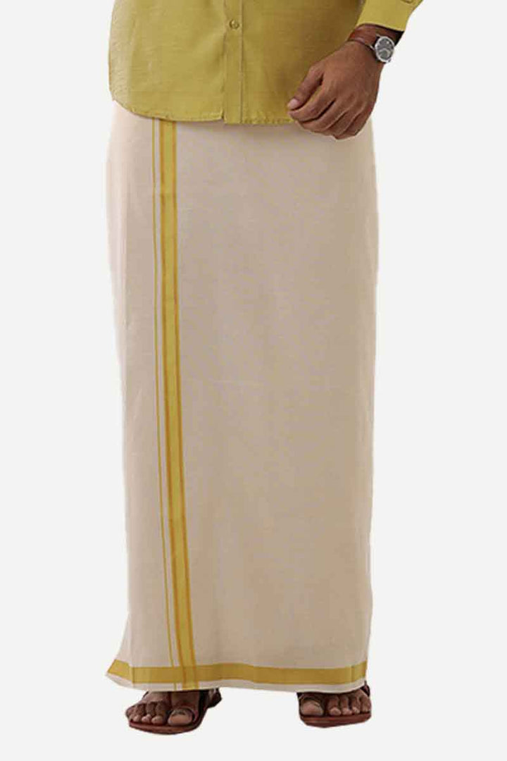 Ever Shine - Mustard Yellow Single Layered Gold Jari Fancy Borders Dhoti For Men | Uathayam