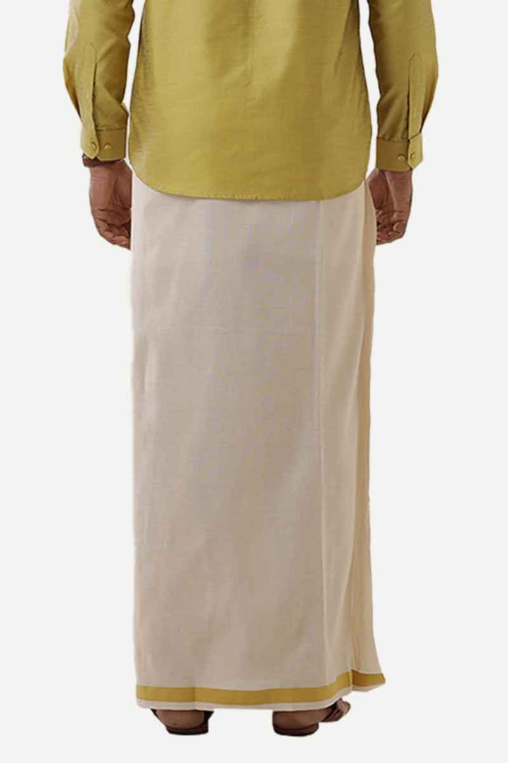 Ever Shine - Mustard Yellow Single Layered Gold Jari Fancy Borders Dhoti For Men | Uathayam