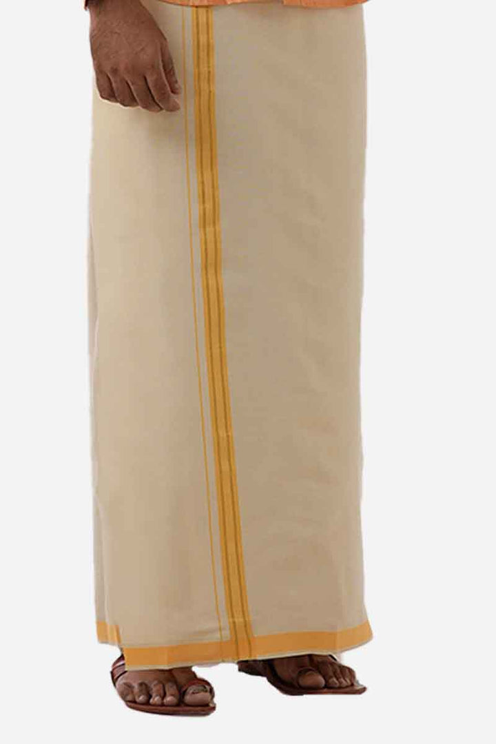 Ever Shine - Orange Single Layered Gold Jari Fancy Borders Dhoti For Men | Uathayam