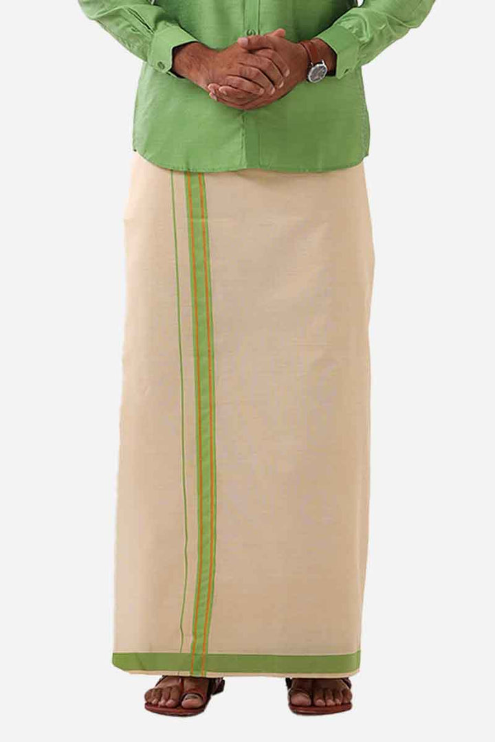 Ever Shine - Light Green Single Layered Gold Jari Fancy Borders Dhoti For Men | Uathayam
