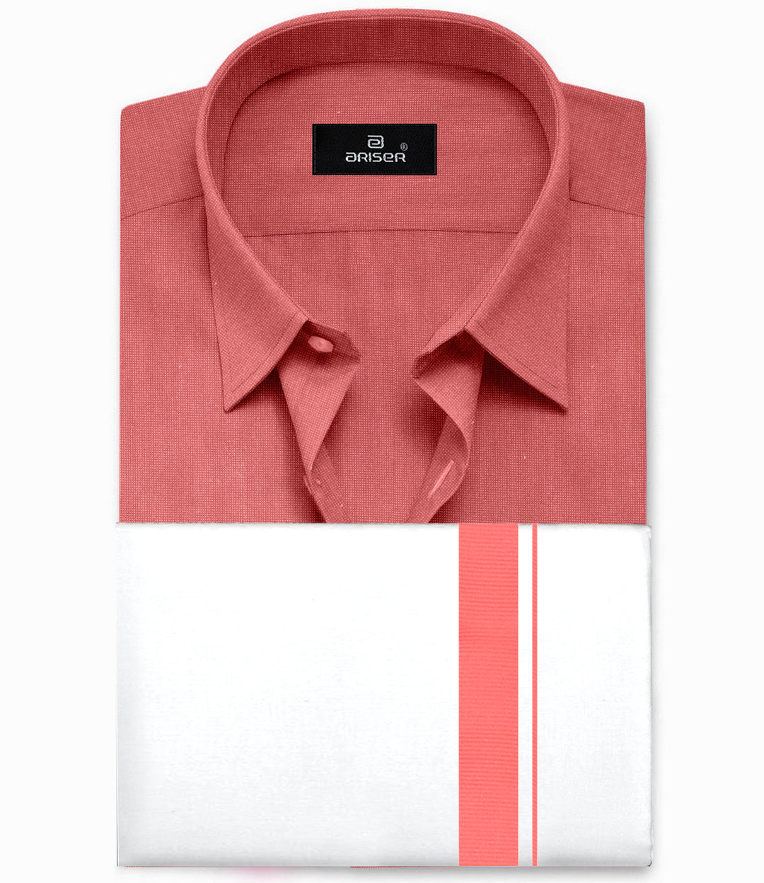 UATHAYAM Peach Red Color Solid Cotton Shirt and Matching Fancy Border Dhoti For Men