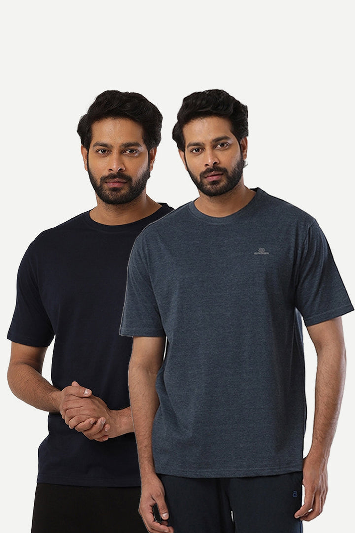 Round Neck - Blue and Navy Melange Solid T-Shirt Pack Of 2 Combo For Men | Ariser