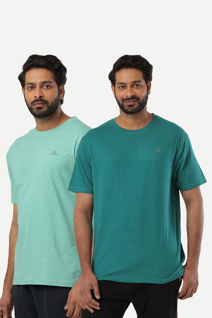 Round Neck - Light Green and Teal Green Solid T-Shirt Pack Of 2 Combo For Men | Ariser