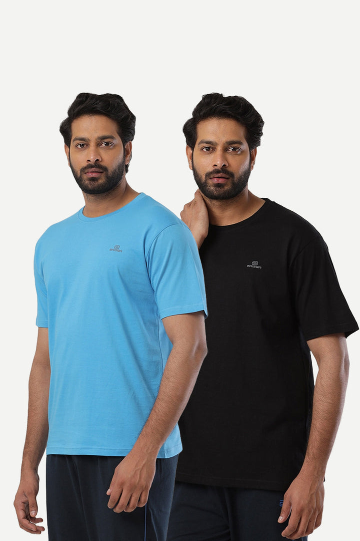 Round Neck - Blue and Black Solid T-Shirt Pack Of 2 Combo For Men | Ariser