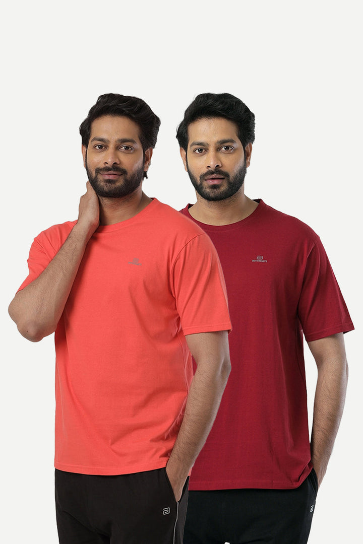 Round Neck - Orange and Red Solid T-Shirt Pack Of 2 Combo For Men | Ariser