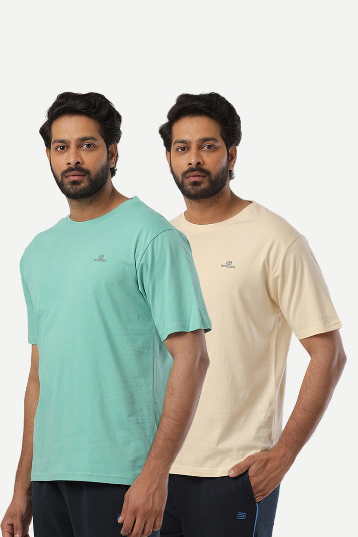 Round Neck - Coral Peach and Light Green Solid T-Shirt Pack Of 2 Combo For Men | Ariser