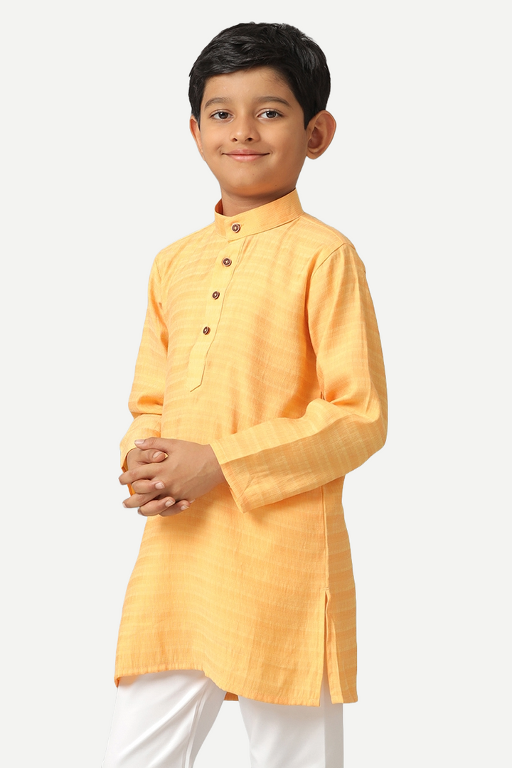 UATHAYAM Poly Slub Shining Star Full Sleeve Solid Regular Fit Kurta & Pyjama 2 In 1 Set For Kids (Light Orange)