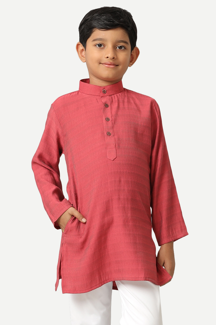 UATHAYAM Poly Slub Shining Star Full Sleeve Solid Regular Fit Kurta & Pyjama 2 In 1 Set For Kids (Saffron Red)