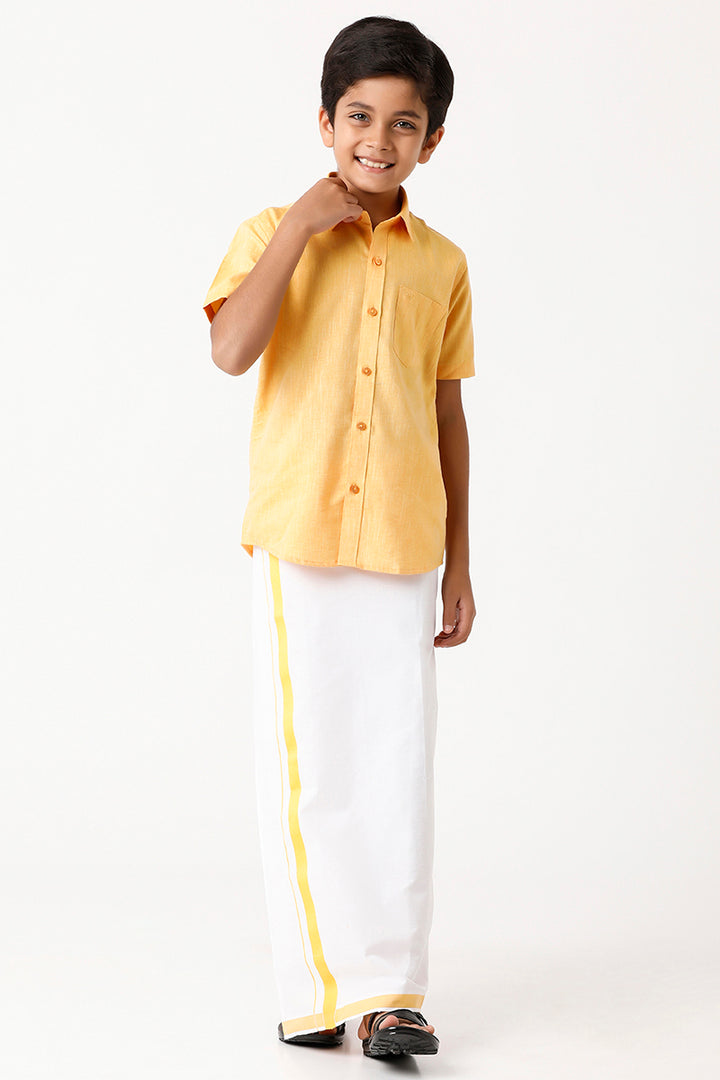 Varna - Yellow Matching Fixit Dhoti and Shirt 2 in 1 Set For Kids | Uathayam