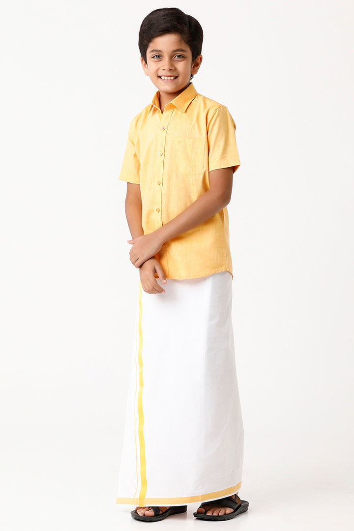 Varna - Yellow Matching Fixit Dhoti and Shirt 2 in 1 Set For Kids | Uathayam