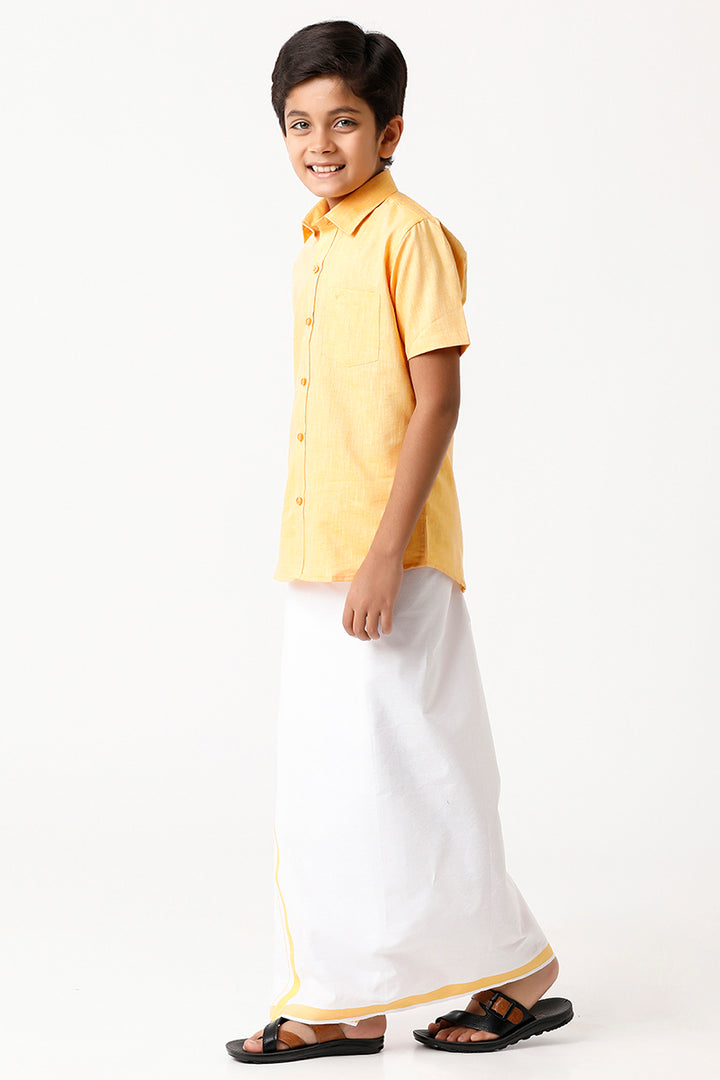 Varna - Yellow Matching Fixit Dhoti and Shirt 2 in 1 Set For Kids | Uathayam