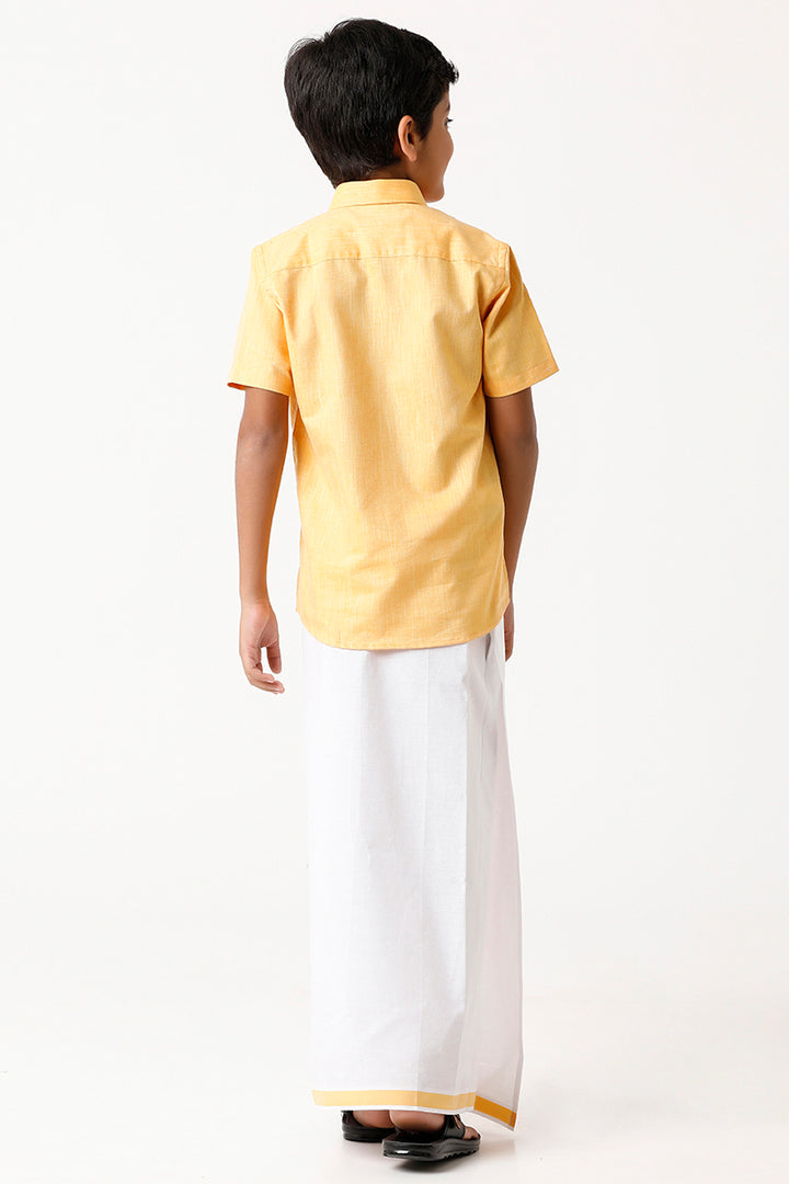 Varna - Yellow Matching Fixit Dhoti and Shirt 2 in 1 Set For Kids | Uathayam