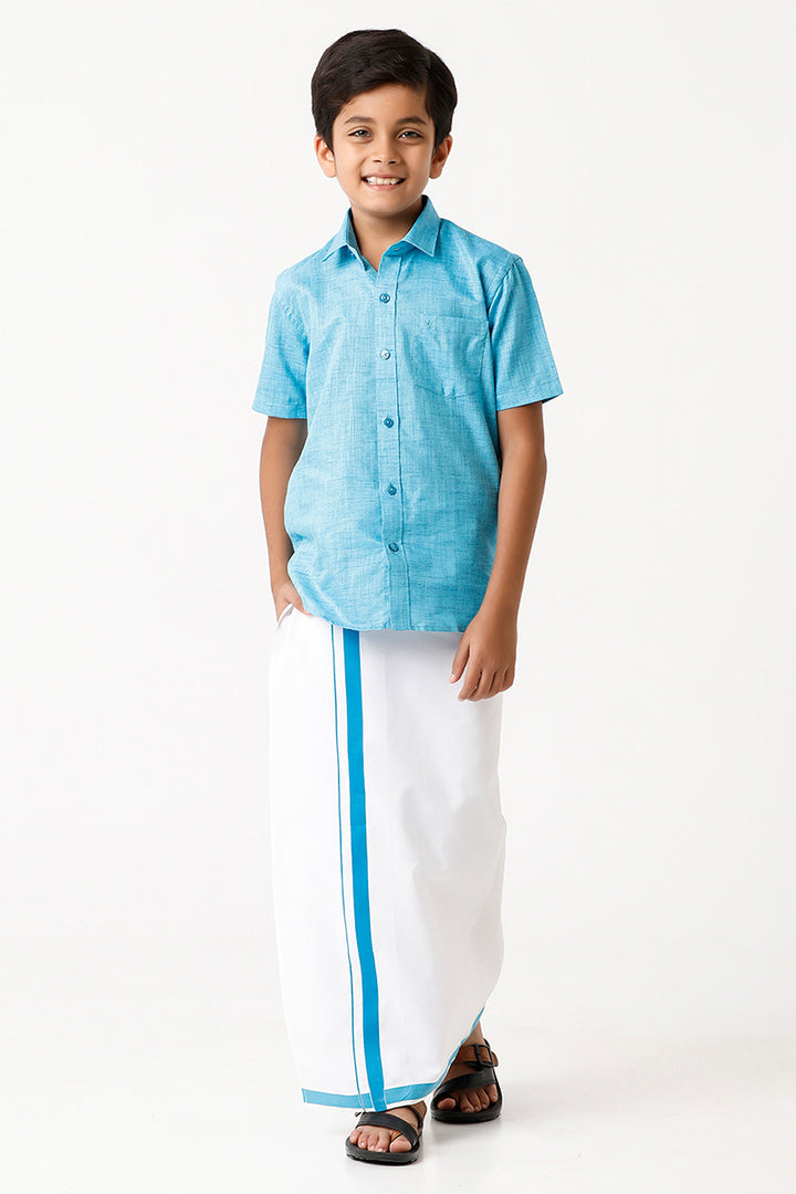 Varna - Light Blue Matching Fixit Dhoti and Shirt 2 in 1 Set For Kids | Uathayam